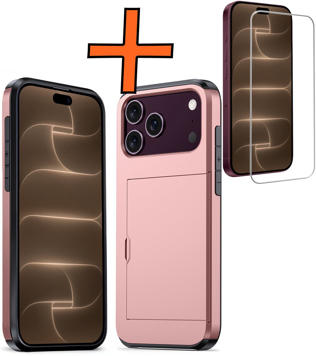 Hoesje Geschikt voor iPhone 18 Pro Max Hoesje Pasjeshouder Shockproof Hard Case Met Screenprotector - Hoesje Geschikt voor iPhone 18 Pro Max Hoes Met Kaarthouder - Rosé goud