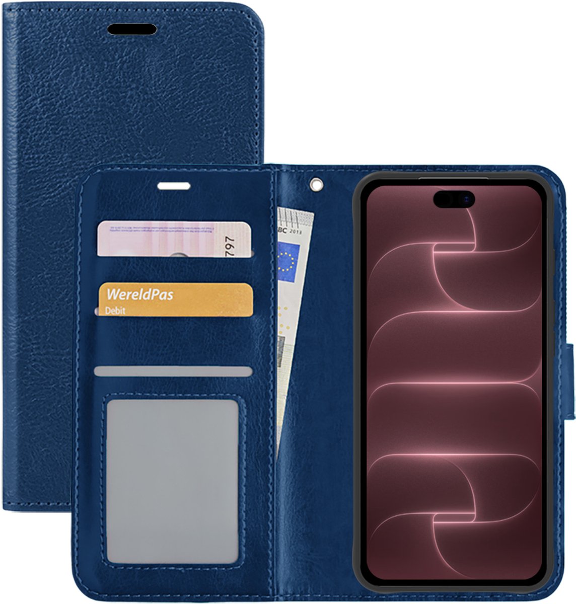 Hoesje - Met Pasjeshouder - Geschikt voor Apple iPhone 18 Pro - Luxe Bookcase Portemonee - Flip Case - Kunstleer Book Case - Flipcase - Book Cover - Walletcase - Portemonneehoes - Donkerblauw