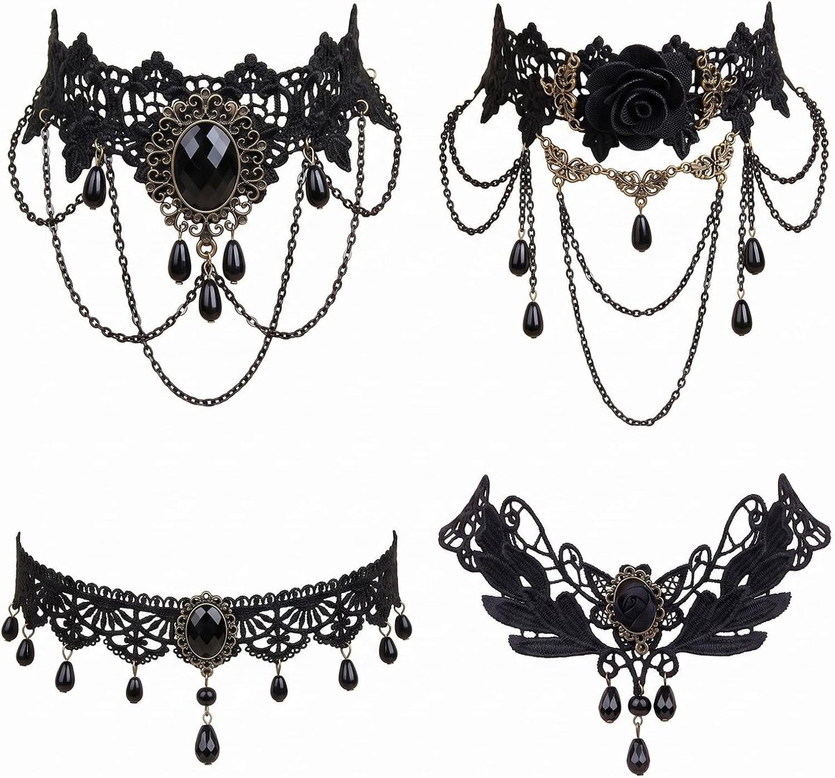 4 Stuks Gothische Kettingen voor Vrouwen, Zwarte Kanten Choker Set, Vintage Kraag en Victoriaanse Sieraden voor Halloween, Carnaval en Lolita Kostuums, Verstelbare Chokers