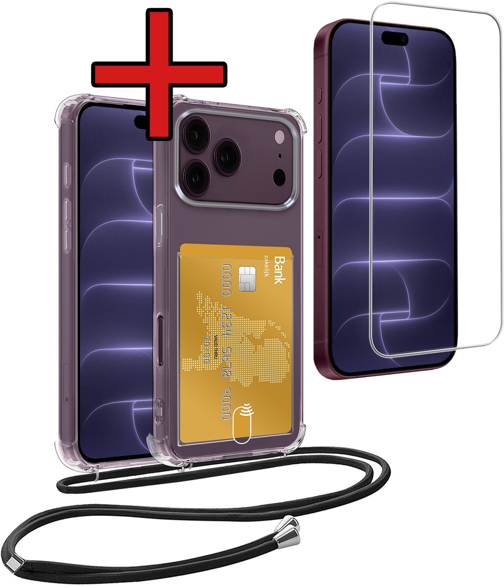 Hoesje Geschikt voor iPhone 18 Pro Max Hoesje Met Telefoonkoord en Pasjeshouder Met Screenprotector Siliconen - Hoes Geschikt voor iPhone 18 Pro Max Hoesje Met Kaarthouder Shock Proof Case - Transparant