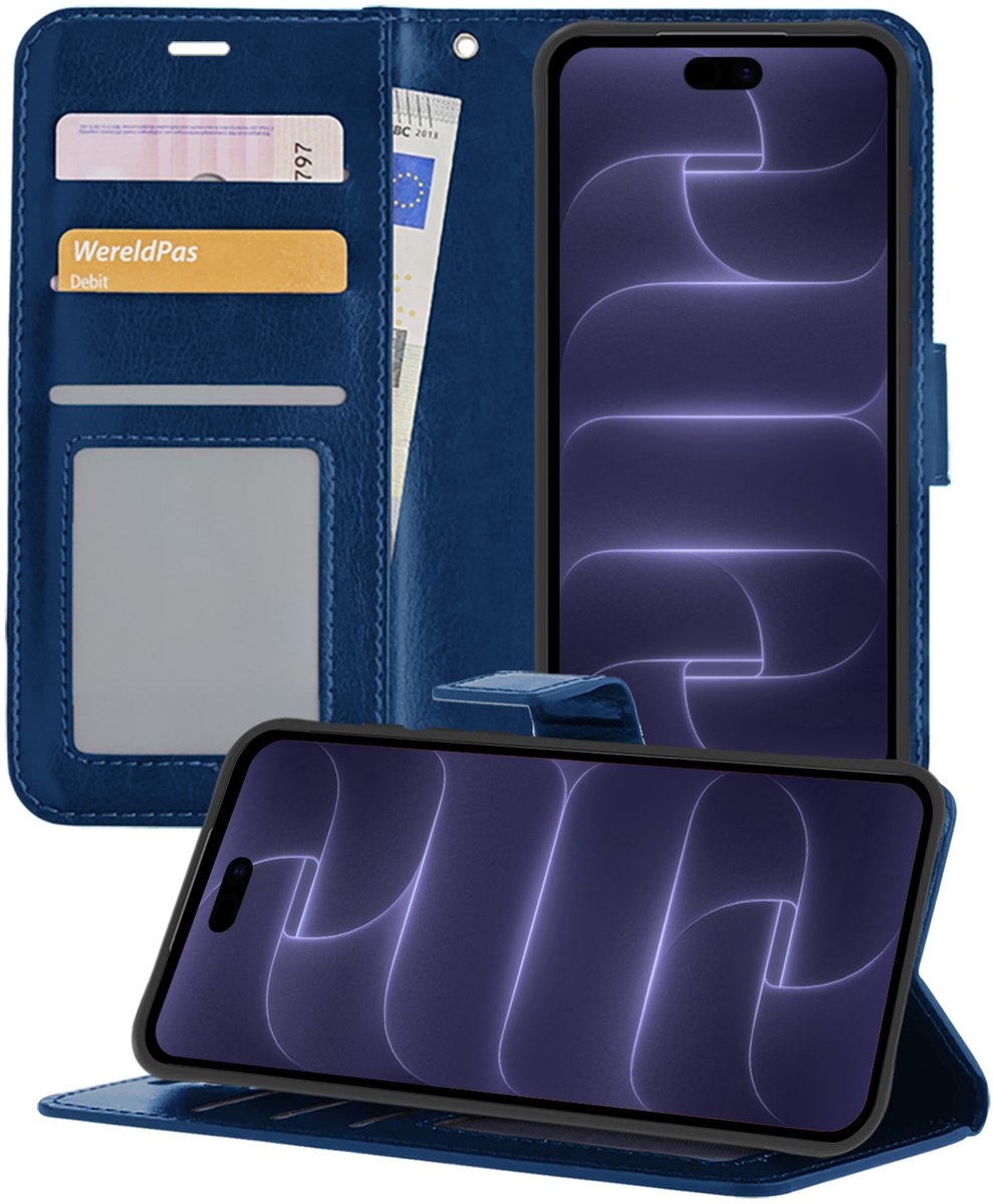 Hoesje - Geschikt voor Apple iPhone 18 Pro - Luxe Bookcase - Walletcase Hoes - Portemonnee - Cover - Telefoonhoes - Donkerblauw