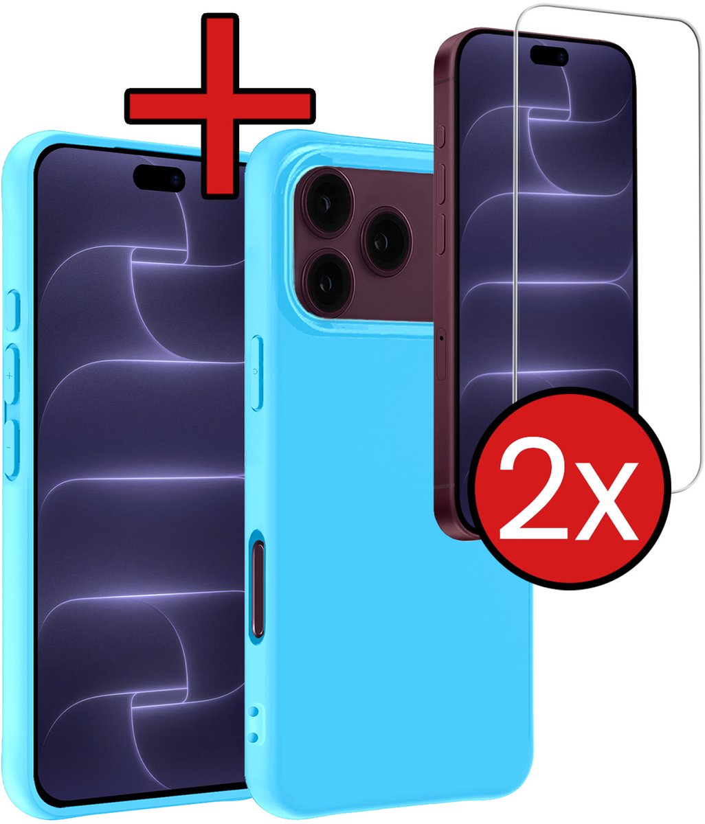Hoesje - Met 2x Screenprotector - Geschikt voor Apple iPhone 18 Pro - Sterk & Shockproof - Telefoon Hoes - Back Cover - Siliconen Case - Telefoonhoes - Lichtblauw