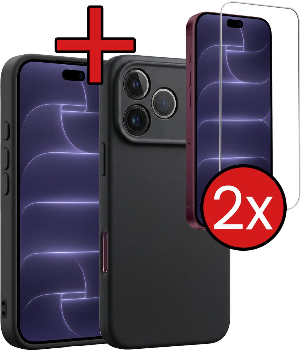 Hoesje - Met 2x Screenprotector - Geschikt voor Apple iPhone 18 Pro - Sterk & Shockproof - Telefoon Hoes - Back Cover - Siliconen Case - Telefoonhoes - Zwart