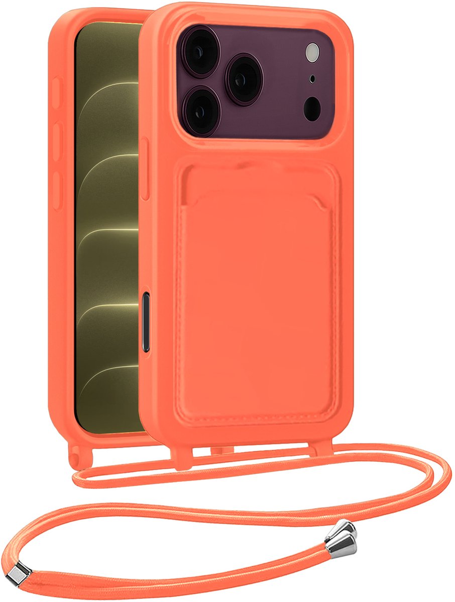 Hoesje Geschikt voor iPhone 18 Pro Max Hoesje Met Koord Siliconen Case - Hoes Geschikt voor iPhone 18 Pro Max Backcover Met Afneembaar Koord - Papaya