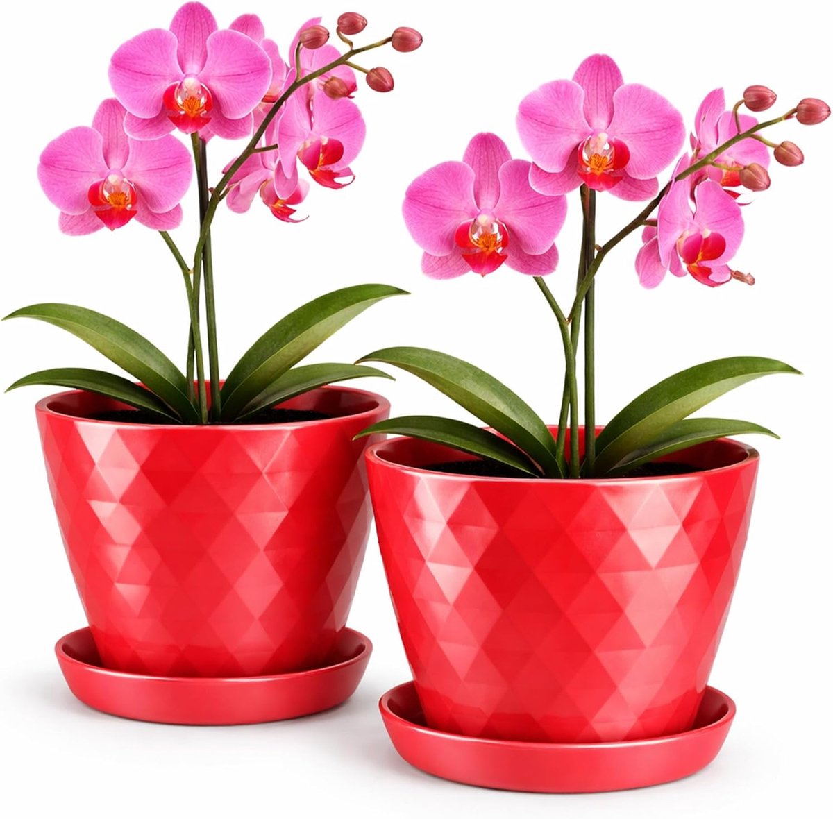 Glanzende plastic bloempot, decoratieve bloempot voor alle planten, set van 2 met onderzetters, kruidenpot, lichtrood, ø 14 cm