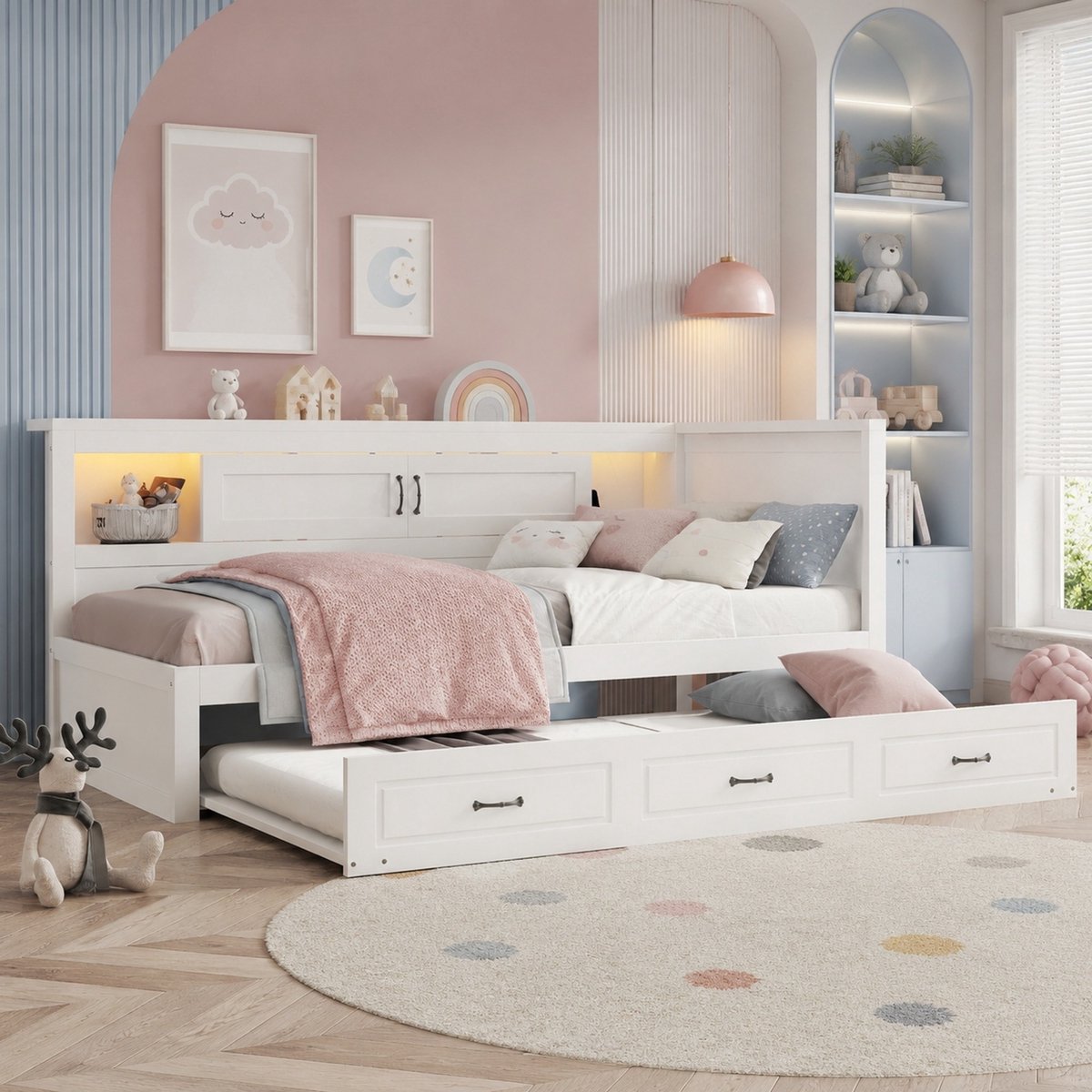 WUVRIE Slaapbank 90x200 cm met uitschuifbed, LED-verlichting, opbergruimte, USB en stopcontact, wit