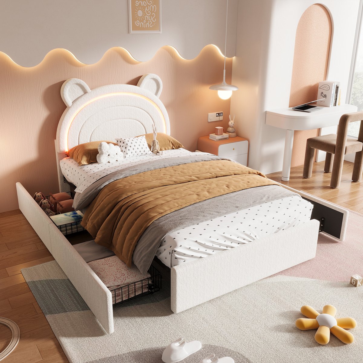 OKWISH Kinderbed 90x200 cm - Berenhoofdbord Met Ledverlichting Via App - Vier Lades Met Opbergruimte - Fluwelen Bekleding - Zonder Matras - Beige