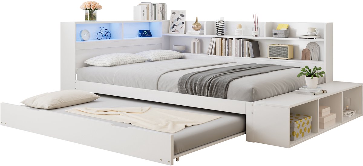 OKWISH Houten Bed 120 x 200 cm - Met Uitschuifbed, Ledverlichting en Laadaansluiting - Opbergruimte en Zitbank - Zonder Matras - Wit