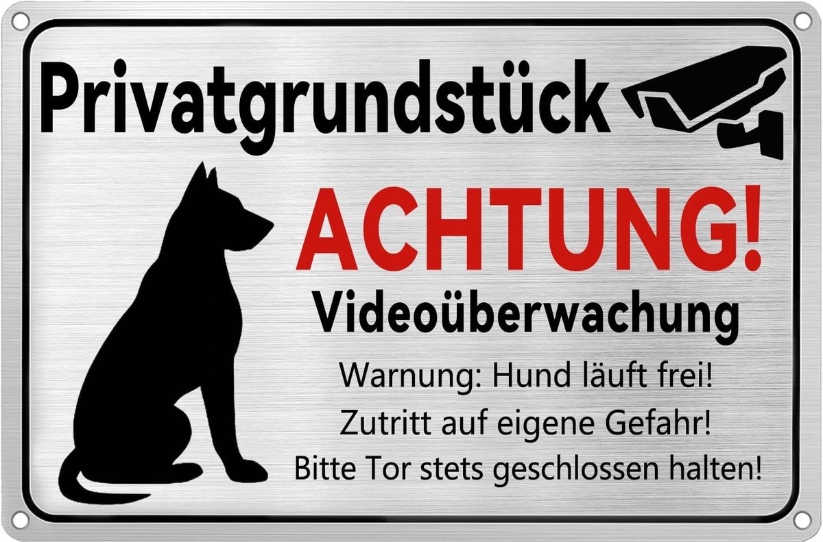 Vrijlopend hondenbord 30 x 20 cm waarschuwingsbord Hier waken ik videobewaking privé perceel zelfklevend met boorgaten - ShopVlot