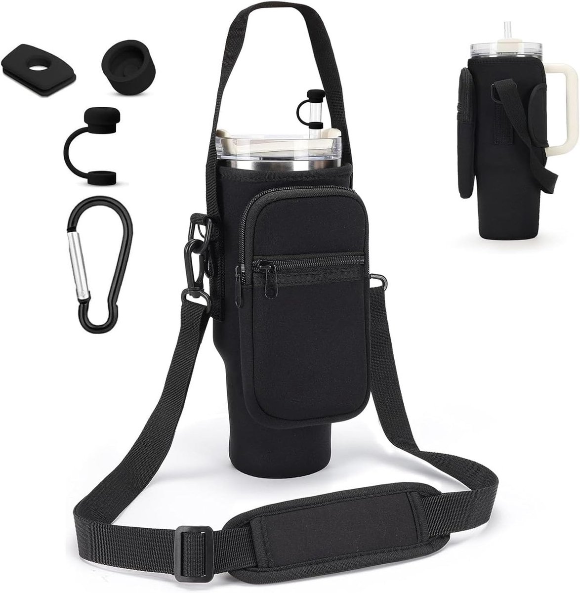 Stanley Cup tas - Waterfles draagtas - Bekerhouder met vak - Verstelbare schoudertas - Telefoonvak met rits - Inclusief karabijnhaak - Voor reizen sporten - Zwart - 1,2 liter - 40 oz