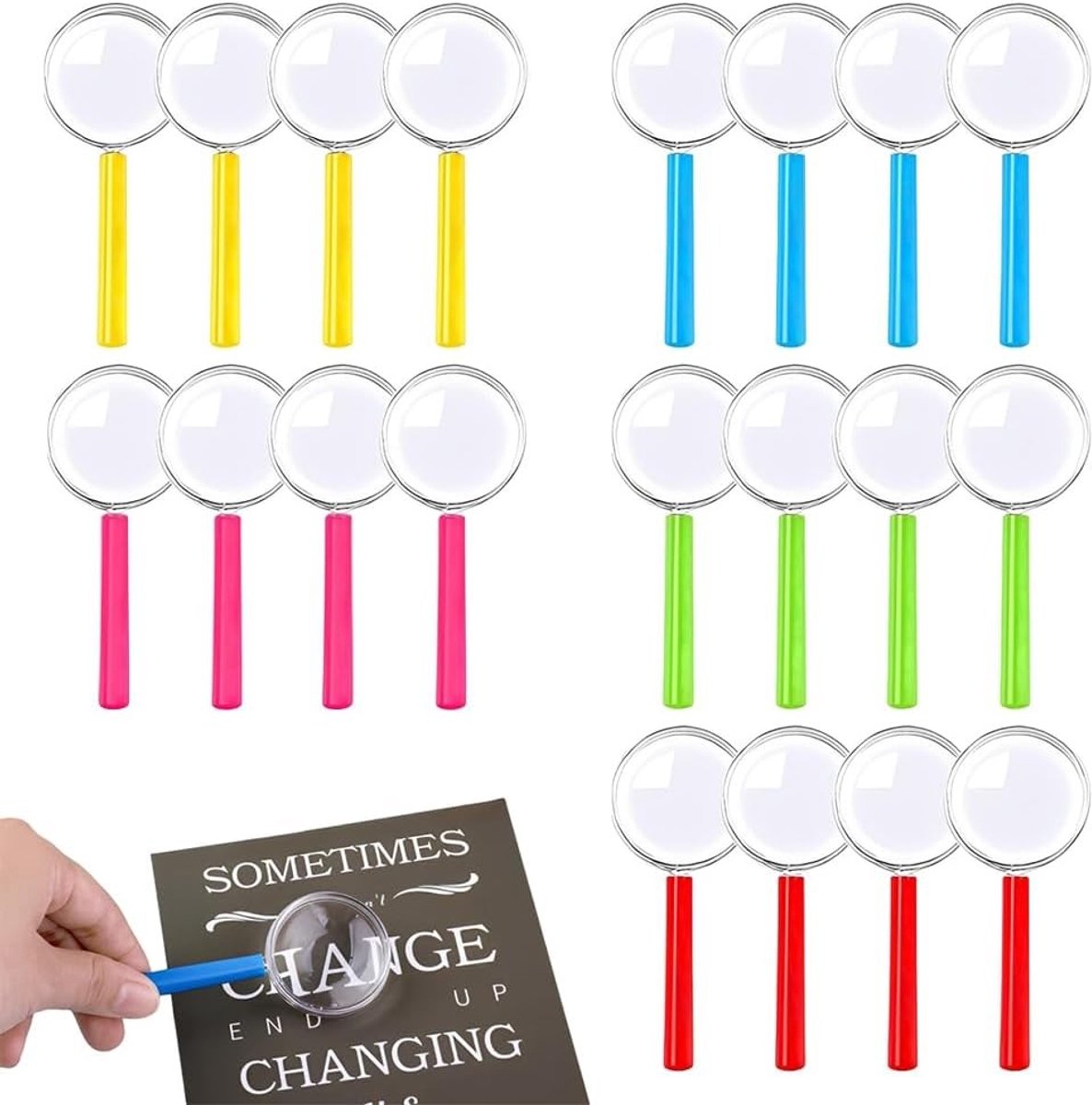 Mini vergrootglazen voor kinderen - 20 kleurrijke setjes met acryl lens en plastic handvat voor wetenschap, buitenspeelgoed en observatieactiviteiten (4.3 x 9.7 cm)