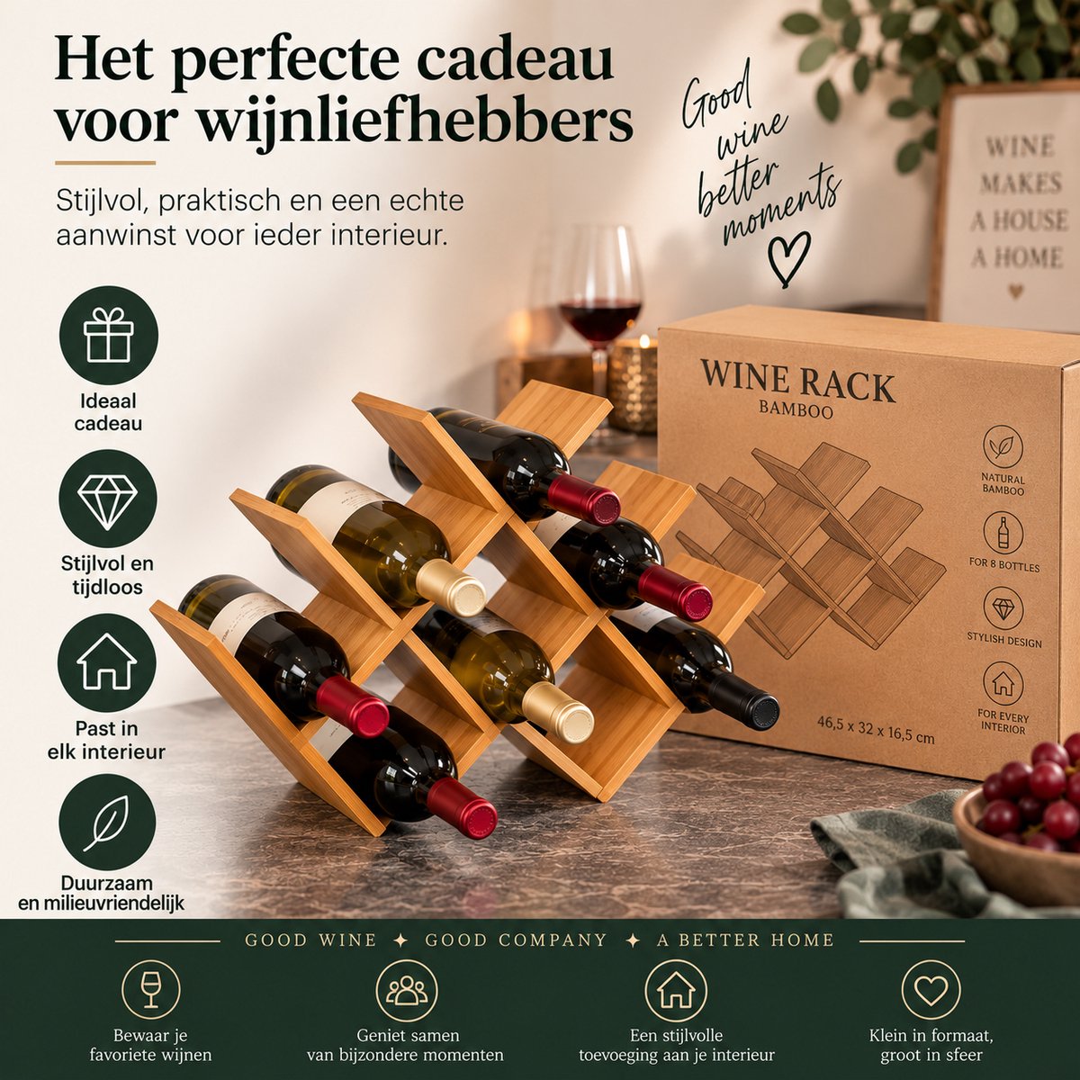 Bamboe Wijnrek voor 8 Flessen – Houten Flessenrek – Wijnflessenhouder – Vrijstaand Wijnrek – 46,5 x 32 x 16,5 cm – Bruin — cadeau in Wonen & Interieur - foto 5