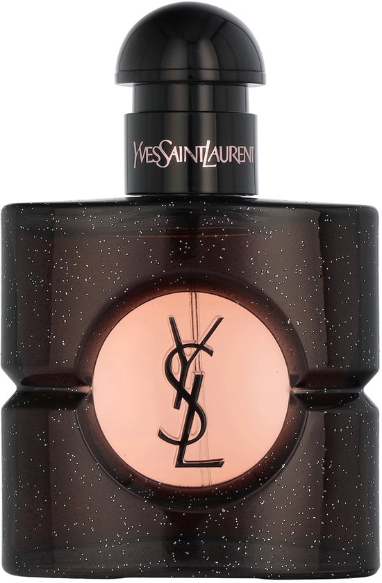 Yves Saint Laurent Black Opium Eau de Parfum fles met zwarte, glinsterende behuizing en gouden YSL-logo.