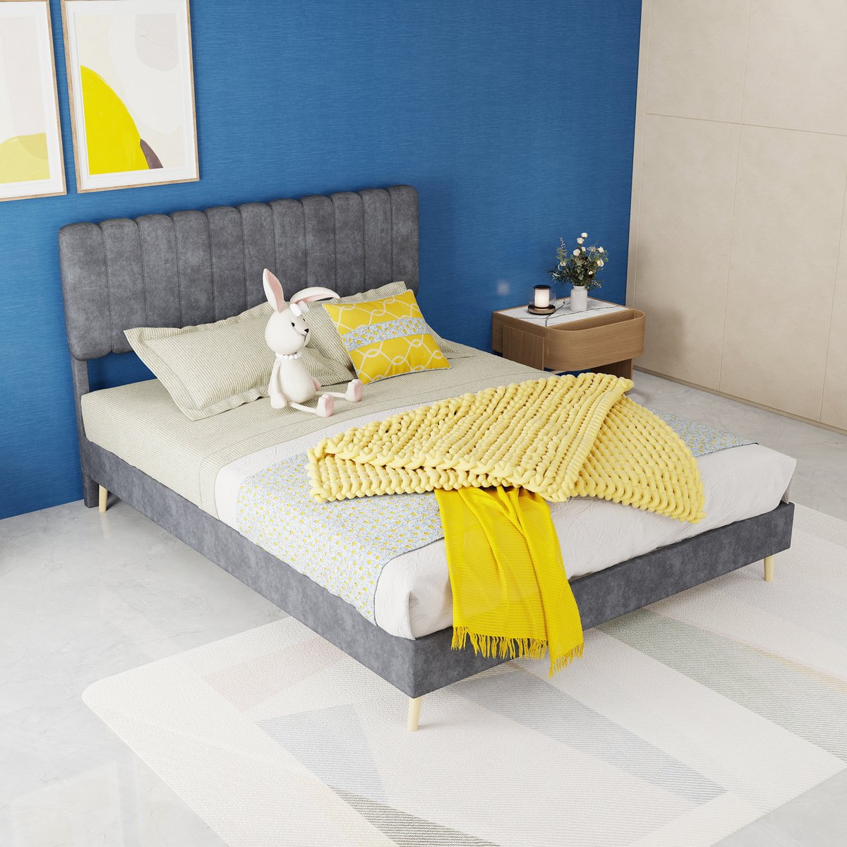 AURA LUMEN-Gestoffeerd bed-Twijfelaarbed-140 x 200 cm-Zacht hoofdbord-Laag profiel-Grijs
