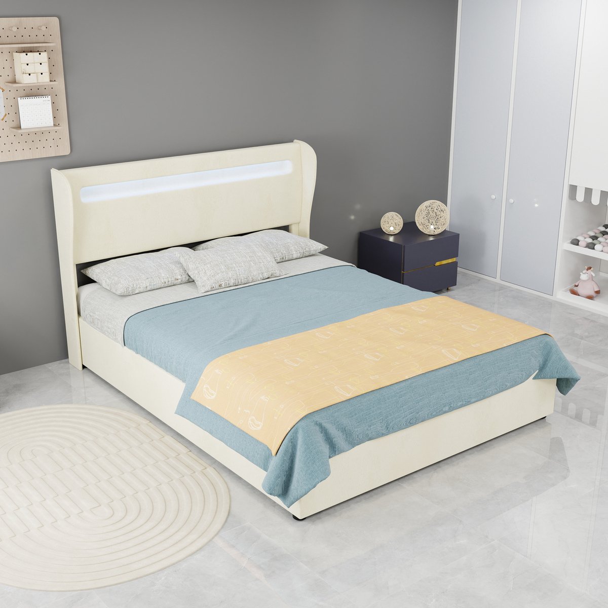 AURA LUMEN Gestoffeerd bed-Twijfelaarbed-140x200 cm-LED-verlicht hoofdbord-gasveer opbergruimte-beige