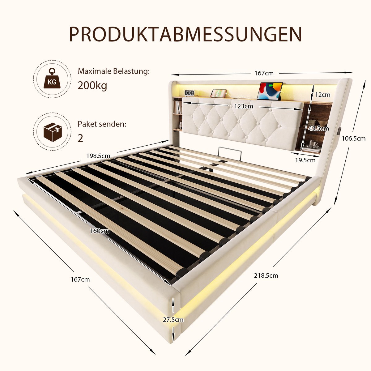 AURA LUMEN Gestoffeerd bed Tweepersoonsbed 160 x 200 cm met opbergruimte hydraulisch bed met LED en USB hoofdbord beige