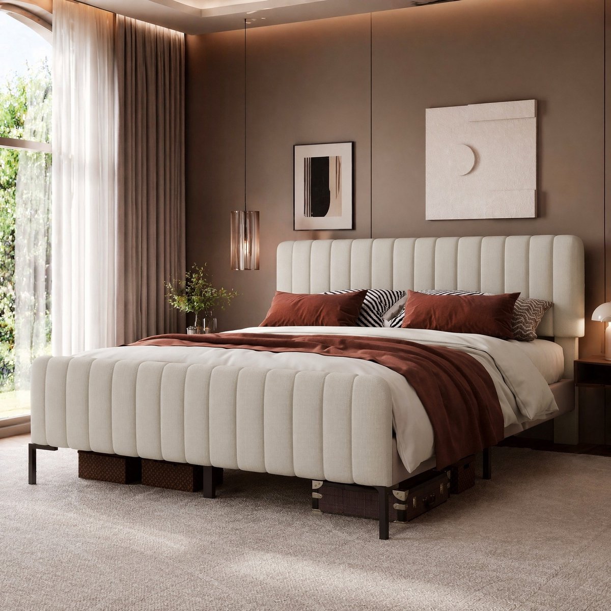 WUVRIE Gestoffeerd bed 140x200 cm met lattenbodem en verstelbaar hoofdbord, grijs/beige Grijs-beige
