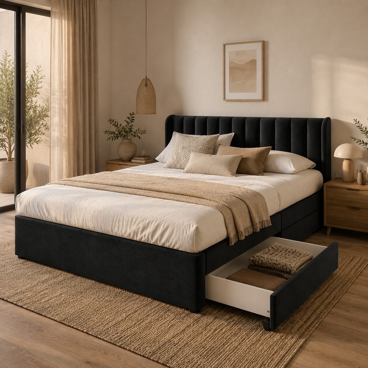 WUVRIE Bedframe 180x200 cm met lattenbodem, 2 lades en fluwelen hoofdbord, zwart