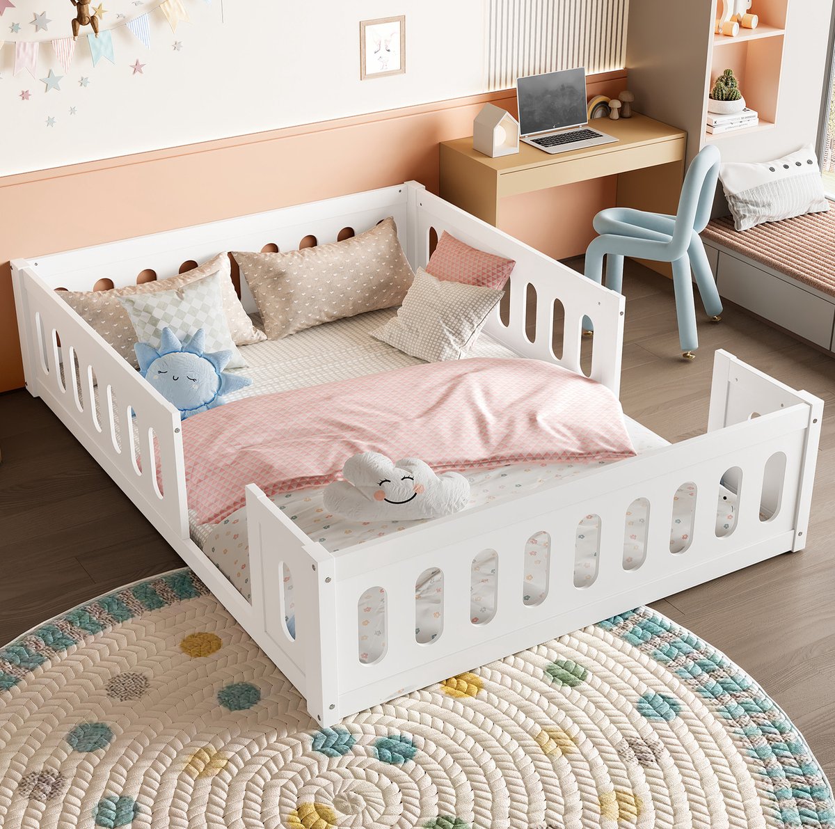 WUVRIE Kinderbed 140x200 cm met rondomlopende uitvalbeveiliging, laag platformbed in wit