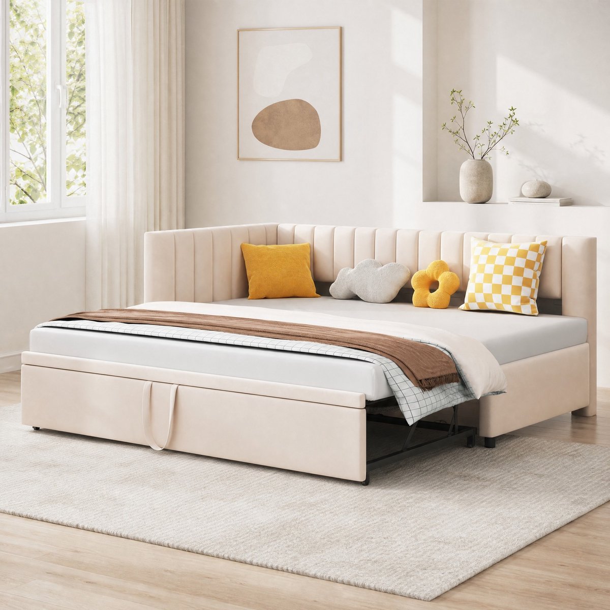 WUVRIE Slaapbank 90x200 cm met uitschuifbed tot 180x200 cm, fluwelen bekleding en lattenbodem, beige