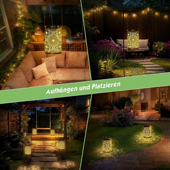 Solar Lantaarn Buiten 4 Stuks IP65 Waterdicht Vintage Metalen LED Lamp Warm Wit voor Balkon, Tuin en Patio — afbeelding 4