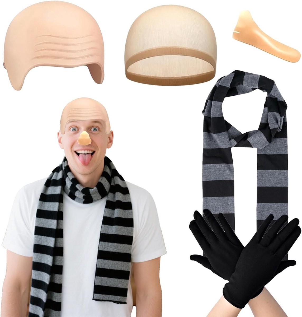 Halloween Kostuum voor Volwassenen - 4-delig Set met Gestreepte Sjaal, Bald Cap, Haarnetten en Lange Neus voor Cosplay en Halloween Feest