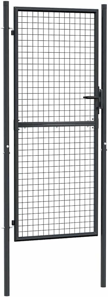 Tuinpoort van verzinkt staal, 100 x 200 cm, gepoedercoat in grijs, met twee palen en boutscharnieren, inclusief drie sleutels voor tuin, erf of terras.