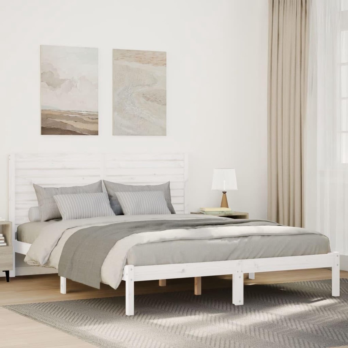 Houten bed, extra lang, zonder matras, wit, 140 x 220 cm, met lattenbodem en opbergruimte, stabiel grenenhout, bedframe met hoofdeinde voor optimaal slaapcomfort