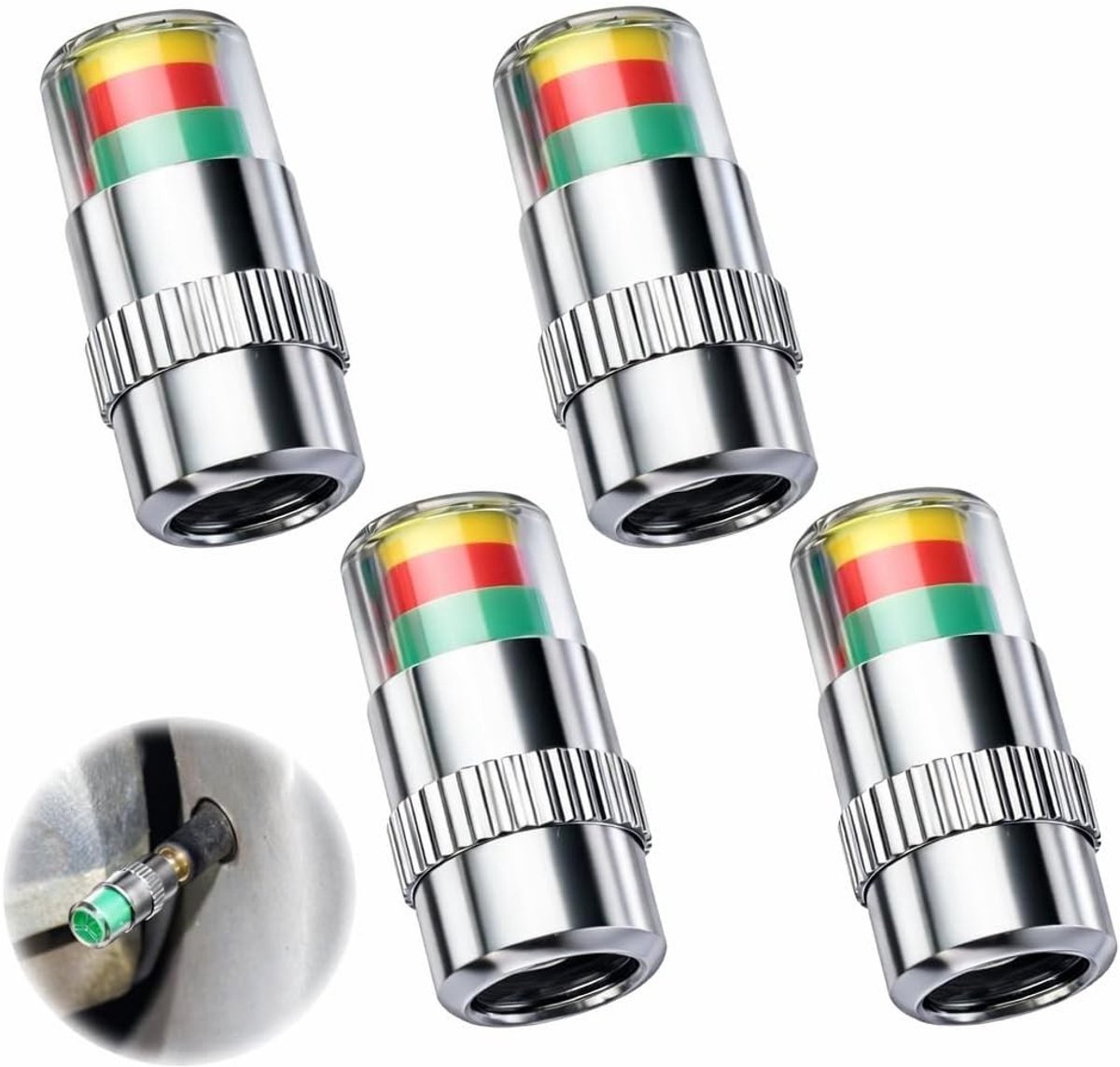 Set van 4 Ventieldoppen met Driekleurige Sensorindicator voor Bandenspanning, Anti-Diefstal Waarschuwingsdoppen voor Auto, Motor en Fiets