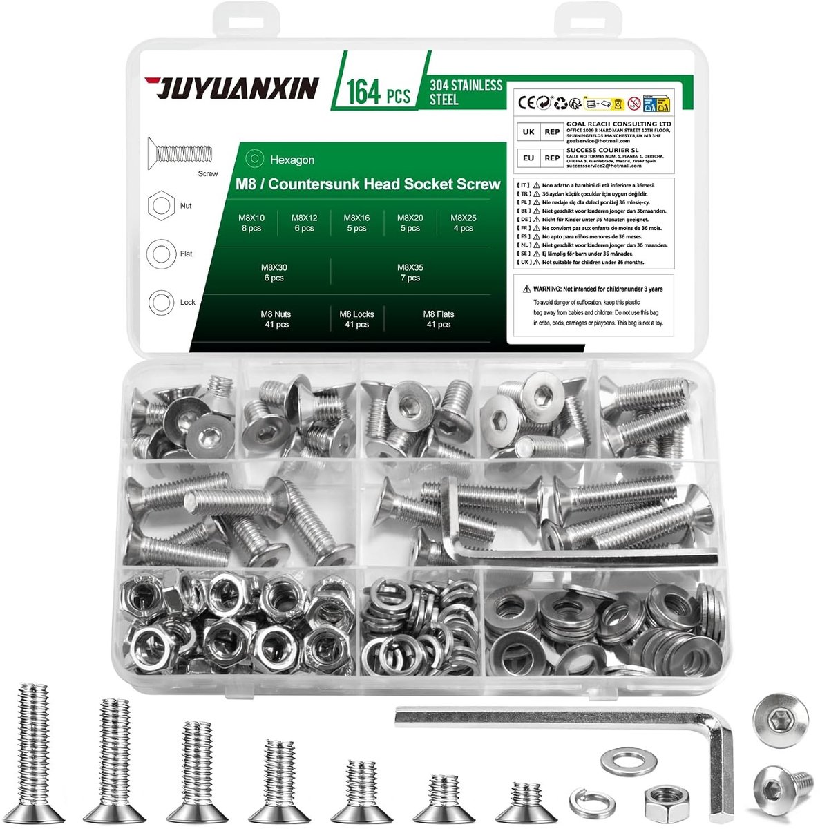 Complete Set van 164 Stuks M8 Schroeven, RVS Verzinkte Schroeven met Moeren en Ringen, Geschikt voor Diverse Toepassingen