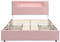 Leeg roze gestoffeerd bedframe met led-hoofdeinde en lattenbodem, frontaal aanzicht.