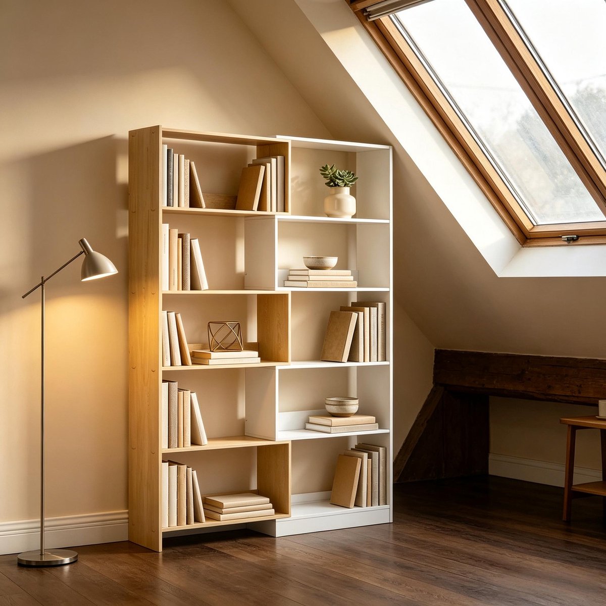 DESMIU Boekenkast - Flexibele Opstelling In L-Vorm Of Recht - 5 Open Planken Voor Woonkamer - Spaanplaat - 111,5x23,8x163,7 Cm - Eikenkleur Wit