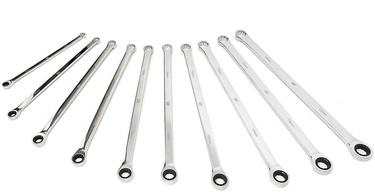 HBM 10-delige professionele extra lange ringsleutelset met vaste kop en ratelfunctie 8-19 mm