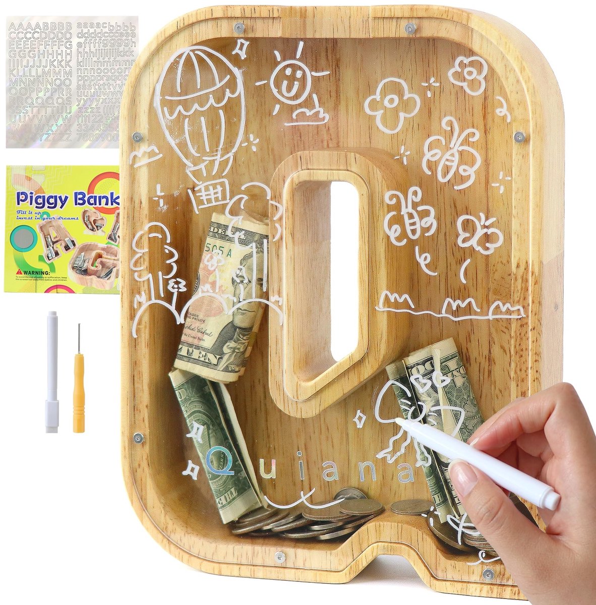 Elzusha - Houten Spaarpot met A-Z Letters voor Kinderen