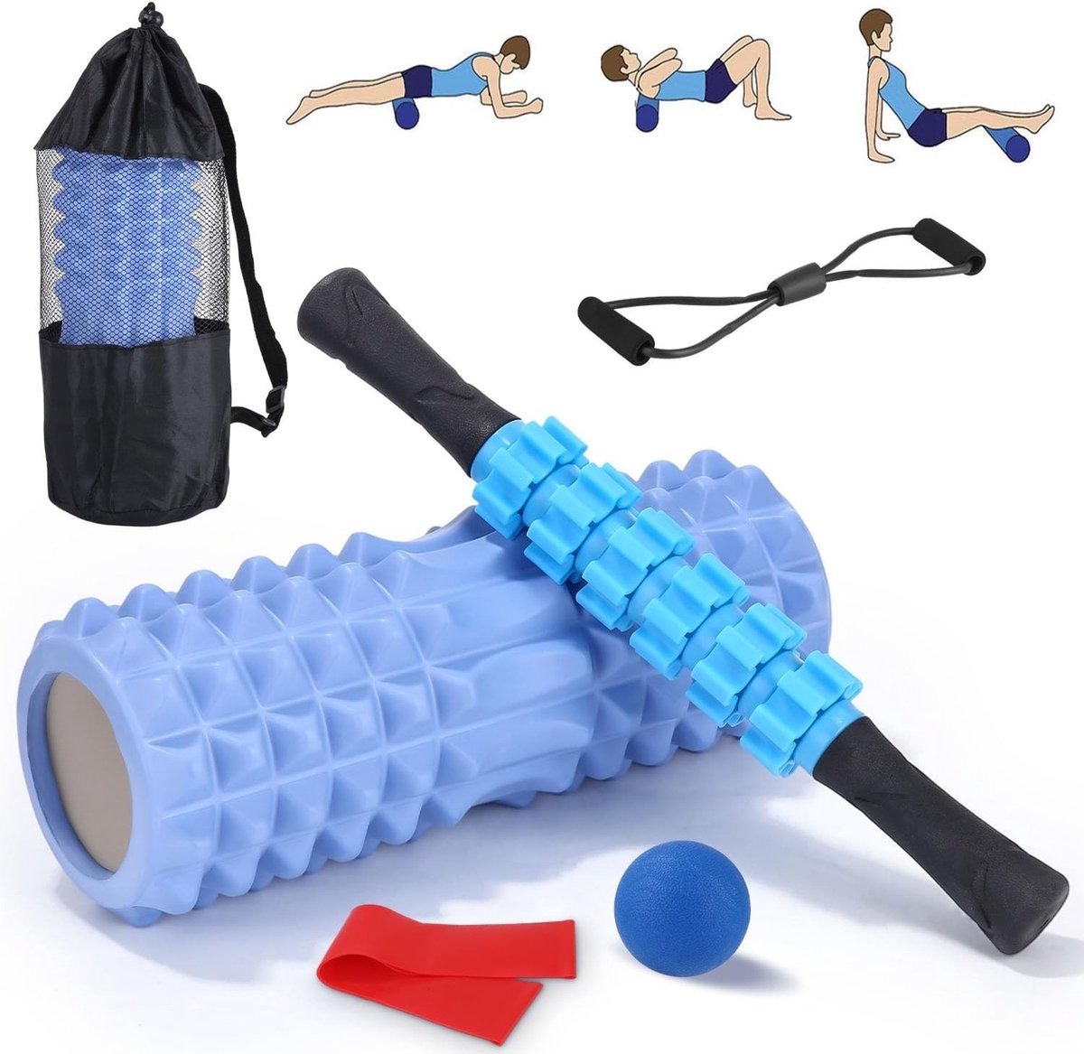 5-in-1 Pilatesrolset met hoge dichtheid, spiermassagerol, massagebal en weerstandsband voor dieptemassage en spieropbouw