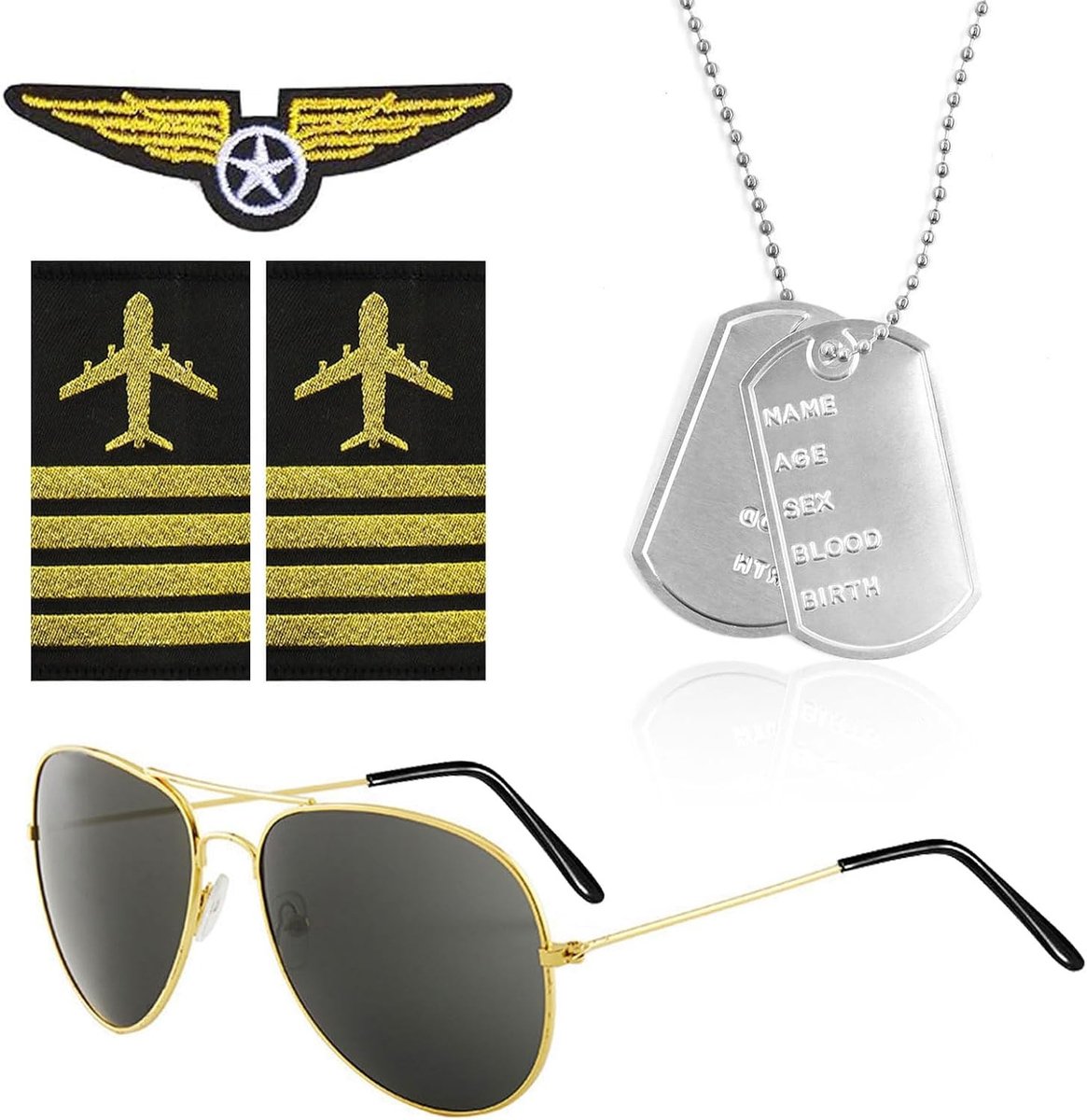 Aviator Kostuumaccessoires Set met Zonnebril, Dog Tag Ketting, Epauletten en Patch voor Cosplay en Feestjes voor Volwassenen