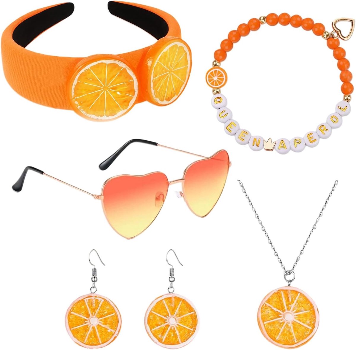 Aperol Spritz Kostuum Accessoires voor Vrouwen, Oranje Set met Hoofdband, Bril, Oorbellen, Ketting en Armband voor Carnaval en Feestjes
