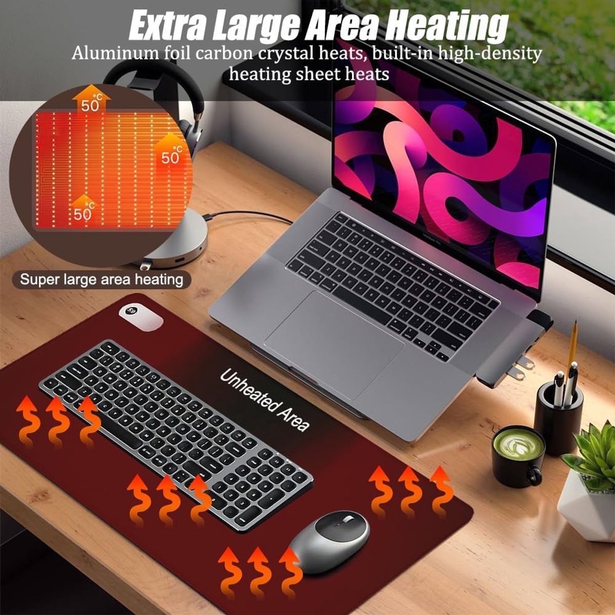 Verwarmde bureauonderlegger 80 x 33 cm met 3 warmtestanden, automatische uitschakeling en zithouding herinnering, ideaal voor comfortabel werken en gamen