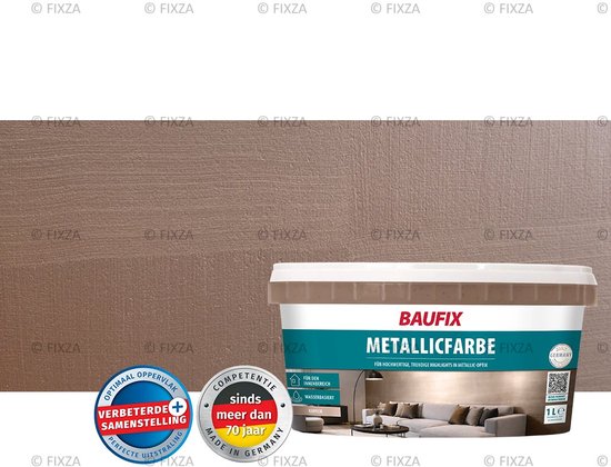 BAUFIX Metallicverf met een subtiel gestructureerd oppervlak in een warme, bruin-koperen tint. De verpakking toont een woonkamer met een metallic muur.