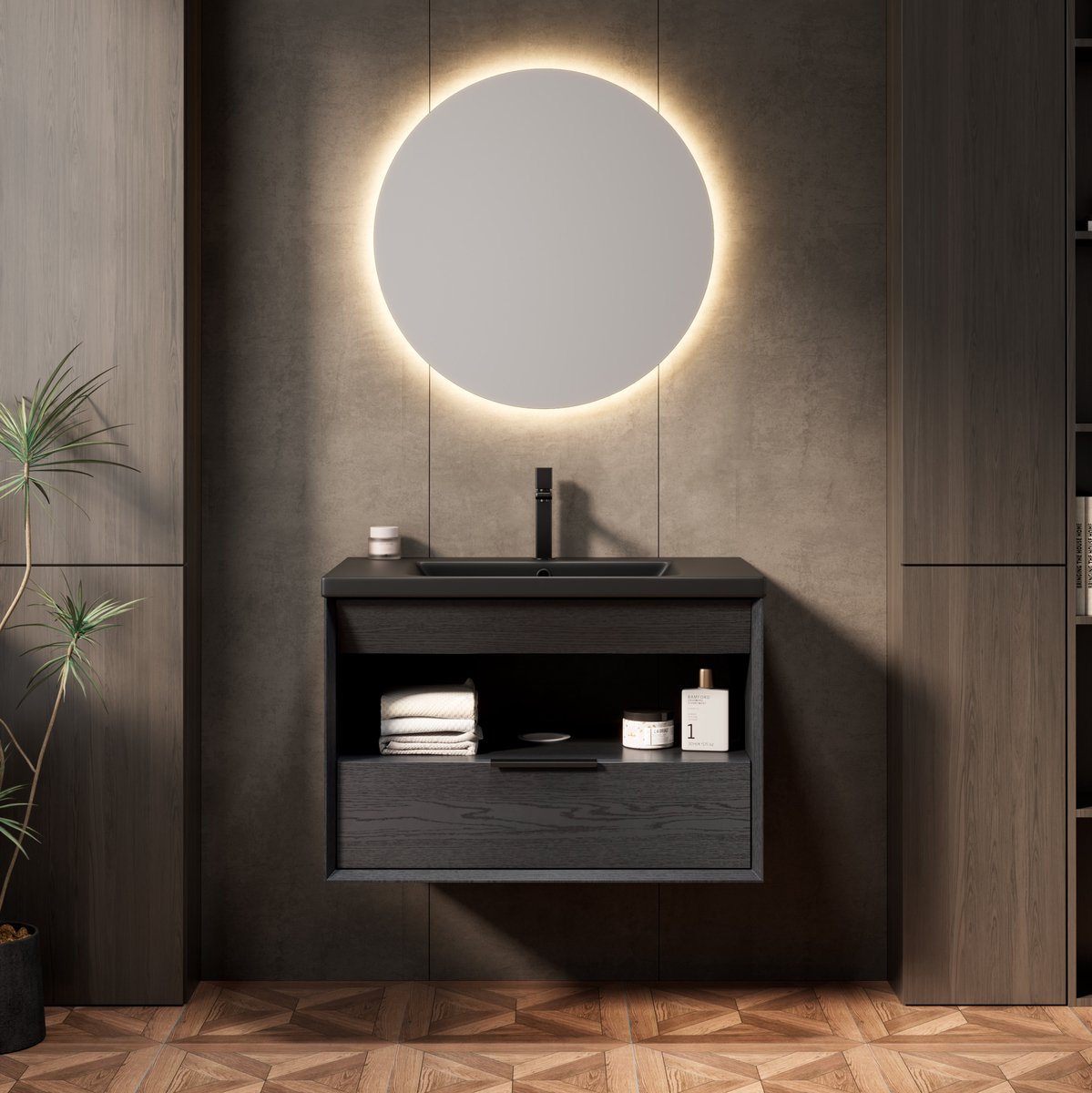 DESMIU Badmeubel - Wandhangend Met Keramische Wastafel, Lade En Open Vak - Moderne Badkamer - Multiplex - 74,5x46,5x51,5 Cm - Zwart Donker Eiken