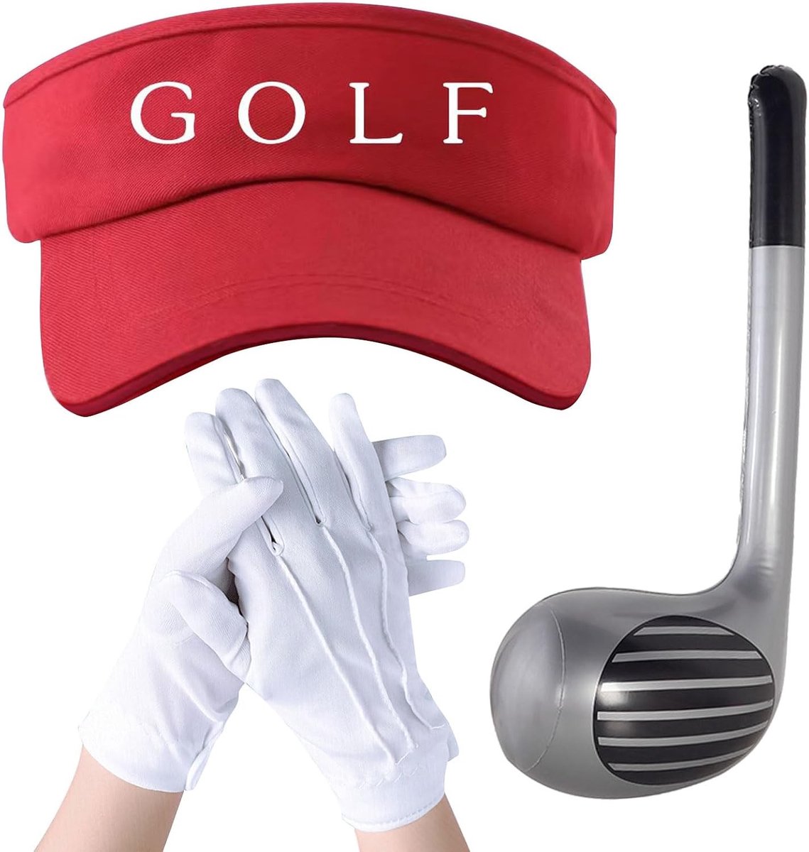 Set van 3 Golfaccessoires met Opblaasbare Golfclub van 76 cm, Zonnehoed en Witte Handschoenen voor Volwassenen en Kinderen, Perfect voor Feestjes en Carnaval