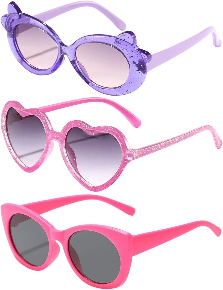 Set van 3 Kinderen Hartvormige Zonnebrillen voor Meisjes - Zomeraccessoires voor Feestjes, UV-Bescherming, Geschikt voor 3-8 Jaar