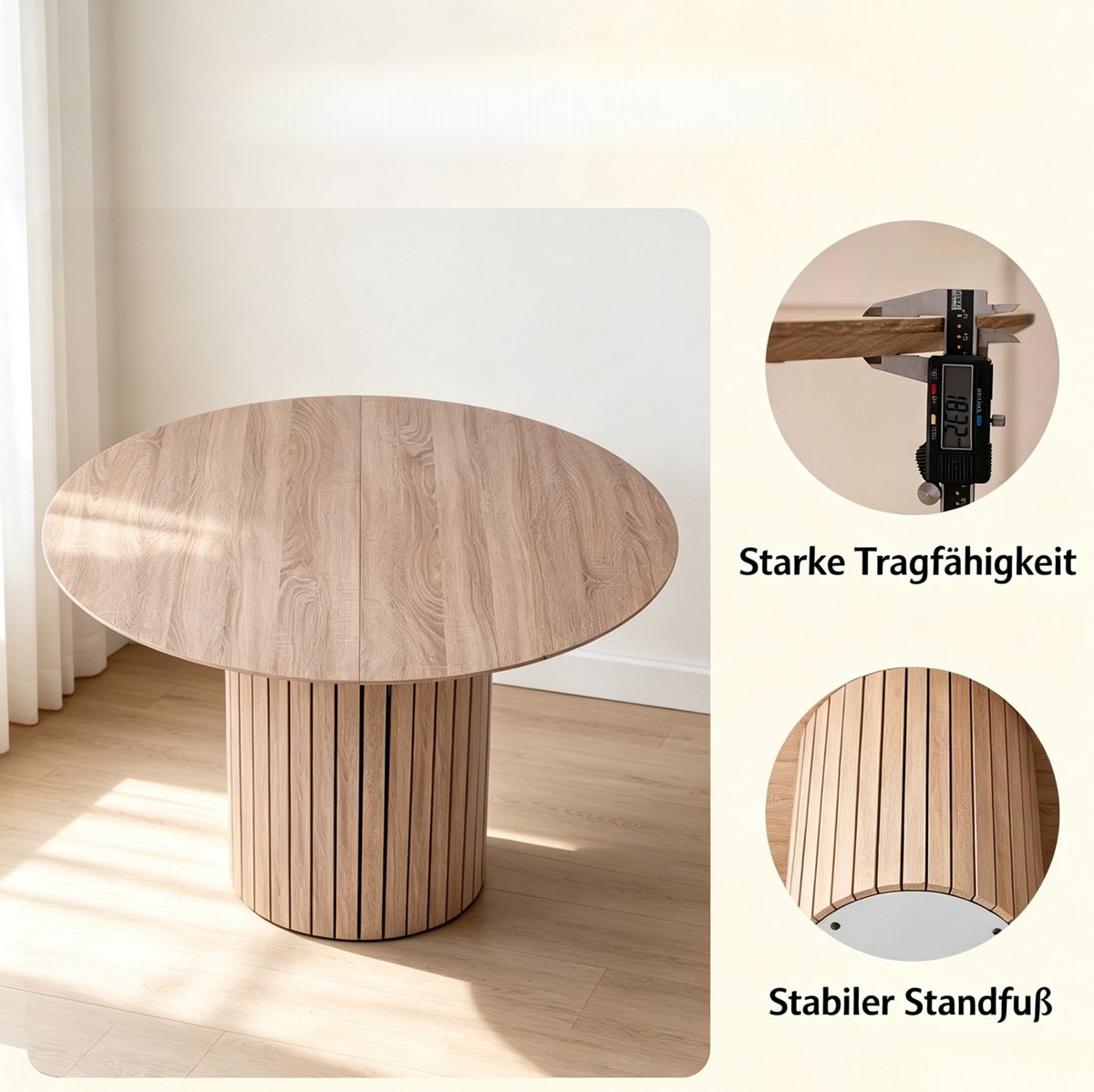 OKWISH Ronde Eettafel – Minimalistisch Modern Design – Voor 4-6 Personen – Hout Lichtbruin – 120 cm Diameter – 76 cm Hoog – Stabiele Voet