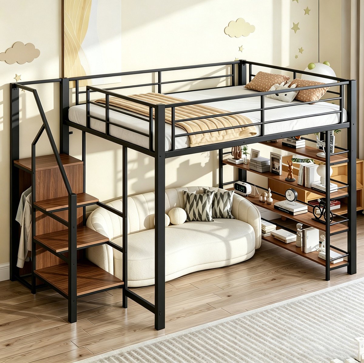 MIVRAY Hoogslaper 140x200cm Zonder Matras - Met Opbergruimte en Trap - Hoge Uitvalbeveiliging - Voor Kinderkamer - Metaal MDF - Zwart