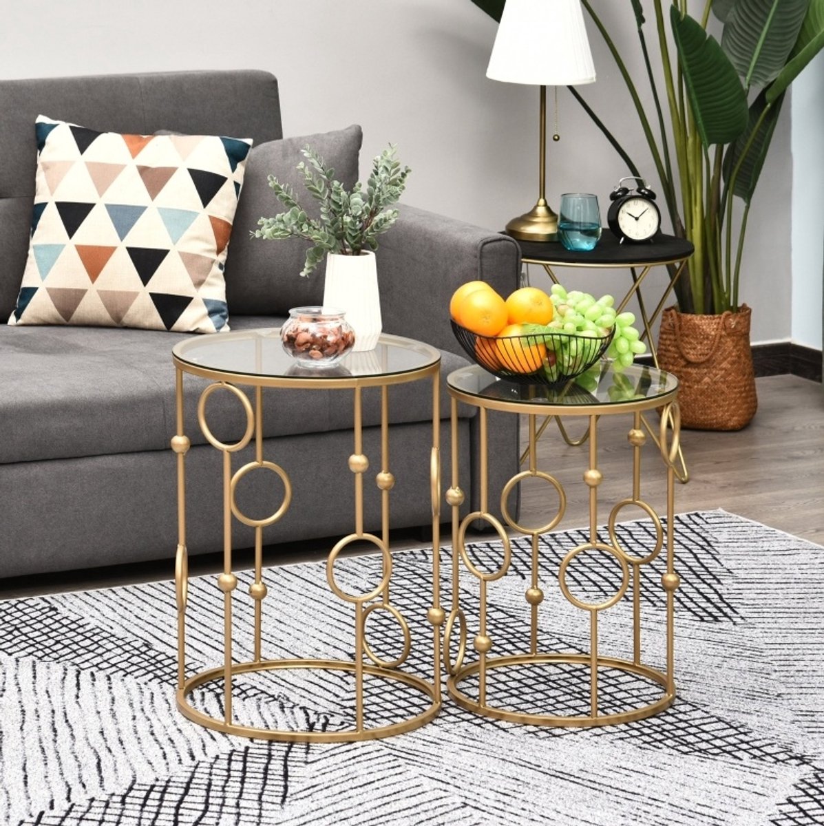 MIVRAY Bijzettafelset - Tweedelige Nestbare Glazen Tafels Met Metalen Frame - Voor Woonkamer Slaapkamer En Kantoor - Goud - 41 x 57 Cm