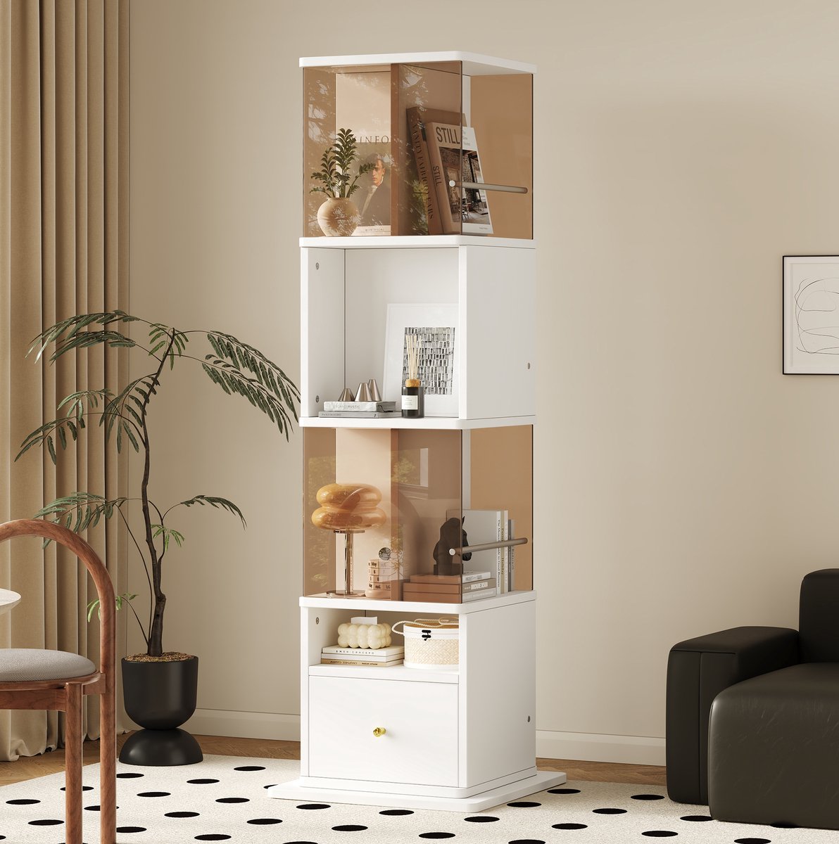 DESMIU Vitrinekast - Draaibaar Met LED-Verlichting En Lade - Voor Woonkamer, Werkkamer En Expositieruimte - MDF - 50x50x160 Cm - Wit Bruin