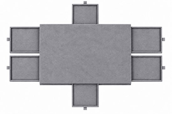 Grijze puzzelmat met 6 uitschuifbare lades, van bovenaf gezien.