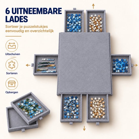 Grijze puzzelmat met 6 lades, diagram dat uitschuiven, sorteren en opbergen toont.