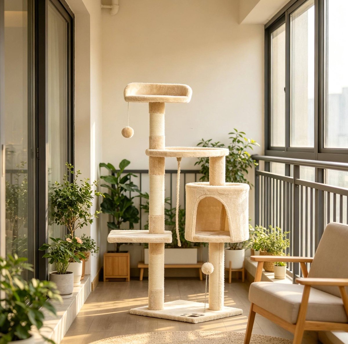 Kattenkrabpaal – 4 Niveaus – 114 cm – Pluche en Sisal – Beige – Met Huisje en Hangmat – Speeltjes
