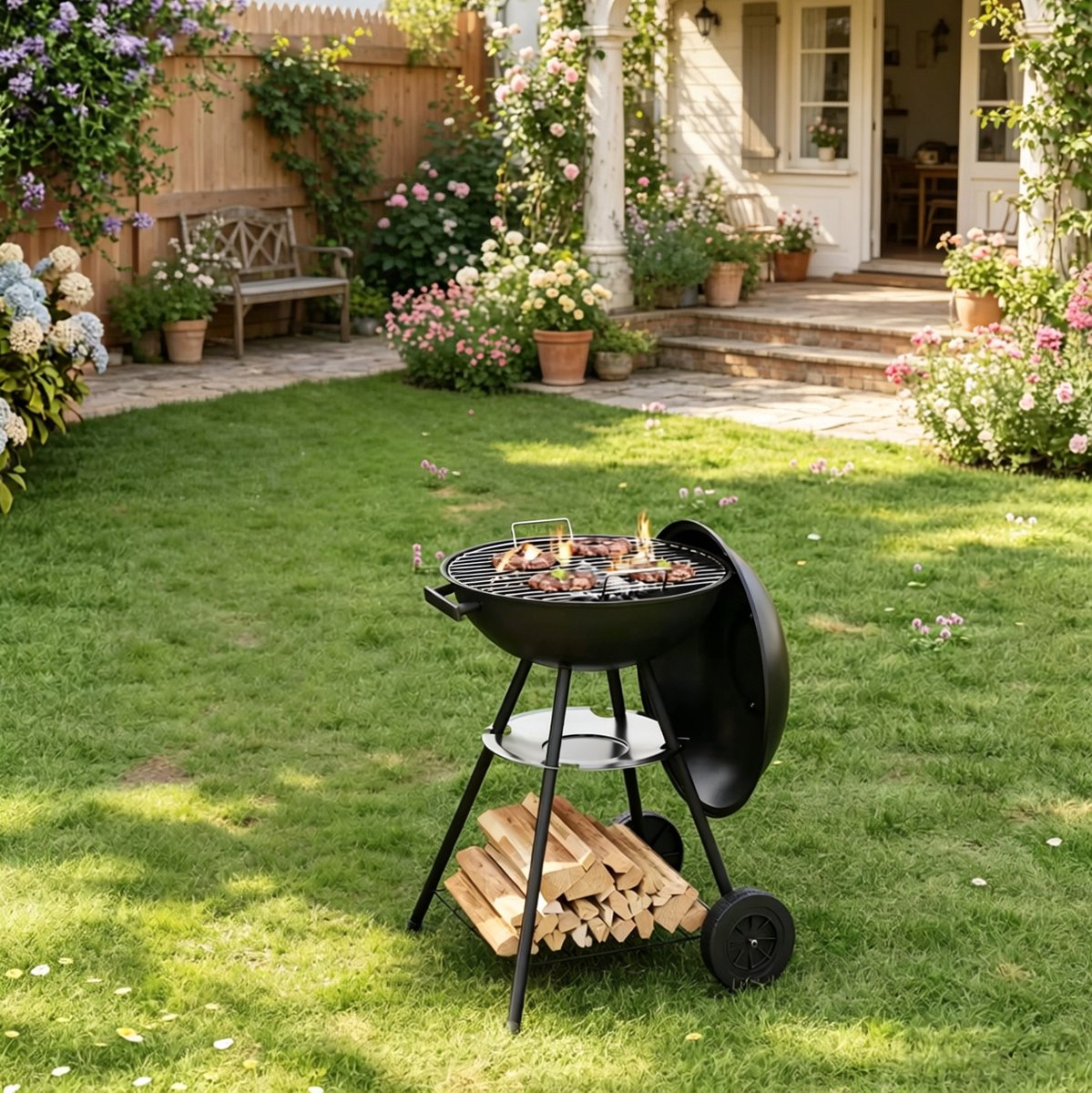 Houtskoolgrill – Rond Met Deksel – 45,5 cm – Metaal En Kunststof – Zwart – Tuin En Camping – Ventilatie